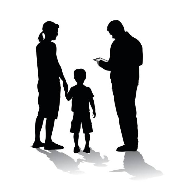 familie tablet fokus - child silhouette mother parent stock-grafiken, -clipart, -cartoons und -symbole