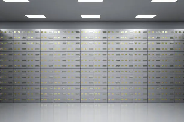 3d rendering safe deposit boxes inside bank vault