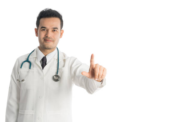 istock Isolated image of doctor pointing finger at space. 845742472