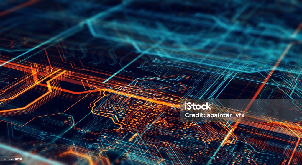 Printed circuit board in the server  executes the data. Abstract technological background made of different element printed circuit board. Depth of field effect and bokeh. Technology Stock Photo