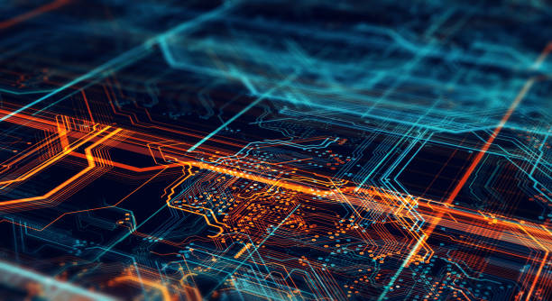 Printed circuit board in the server executes the data. Abstract technological background made of different element printed circuit board. Depth of field effect and bokeh. abstract technology orange stock pictures, royalty-free photos & images
