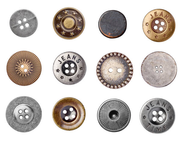 jeans denim button collection of various jeans buttons on white background. each one is shot separately rivet stock pictures, royalty-free photos & images