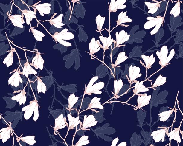 ilustraciones, imágenes clip art, dibujos animados e iconos de stock de vector floral de magnolia patrones sin fisuras - backgrounds pink luxury dark