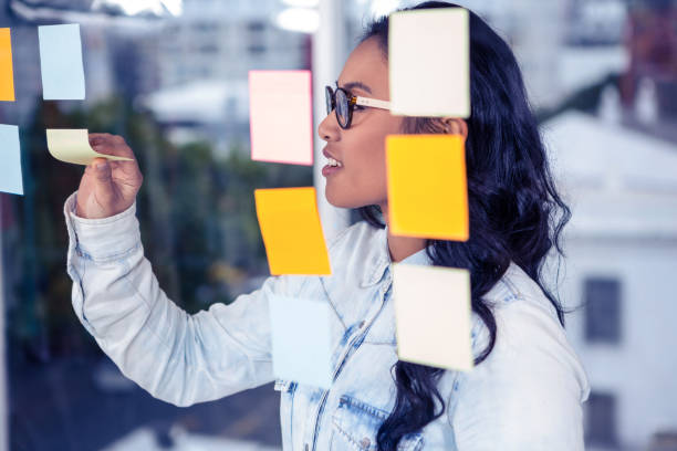 istock Asian woman removing sticky notes 845751806
