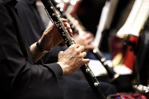 Hands of man playing the clarinet in the orchestra