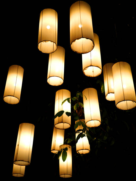 istock Vertical perspective yellow cylinder paper hanging lamp with leaf branch silhouette 845757360