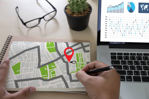 istock GPS Map to Route Destination network connection Location Street Map with GPS Icons  Navigation 845769292