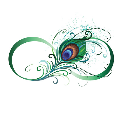 The symbol of infinity with a bright, green, artistic peacock feather on a white background. Tattoo style.