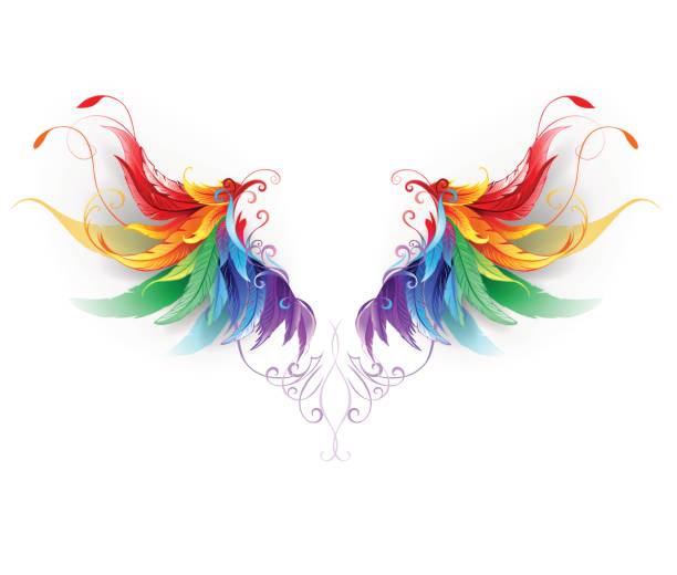 fluffy rainbow wings fluffy rainbow wings on a white background. ostrich feather stock illustrations