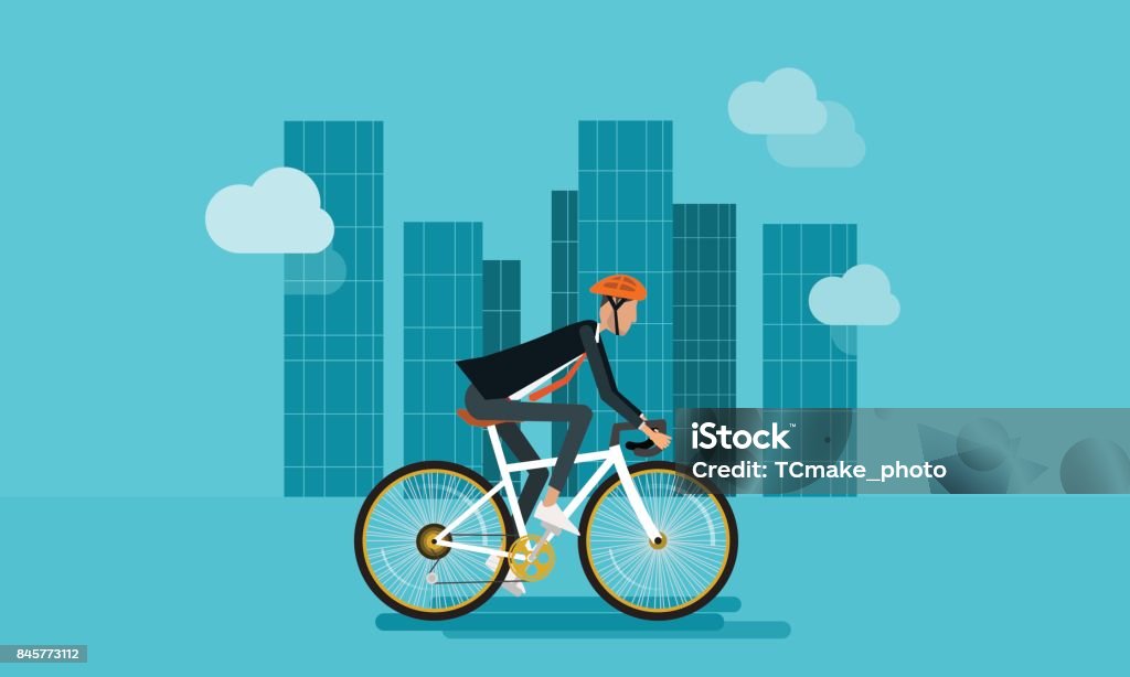 flat businessman character biking go to work in urban and energy saving concept This file EPS 10 format. This illustration Bicycle stock vector