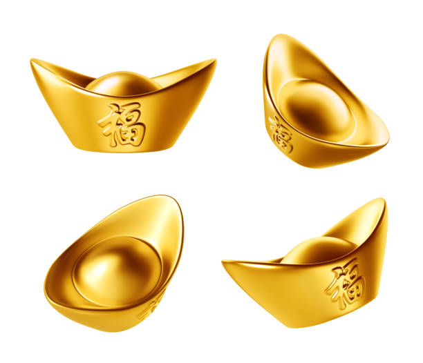 Yuan Bao - Chinese gold sycee isolated on white background Yuan Bao - Chinese gold sycee isolated on white background, Chinese calligraphy "FU" (Foreign text means Prosperity) sycee stock pictures, royalty-free photos & images