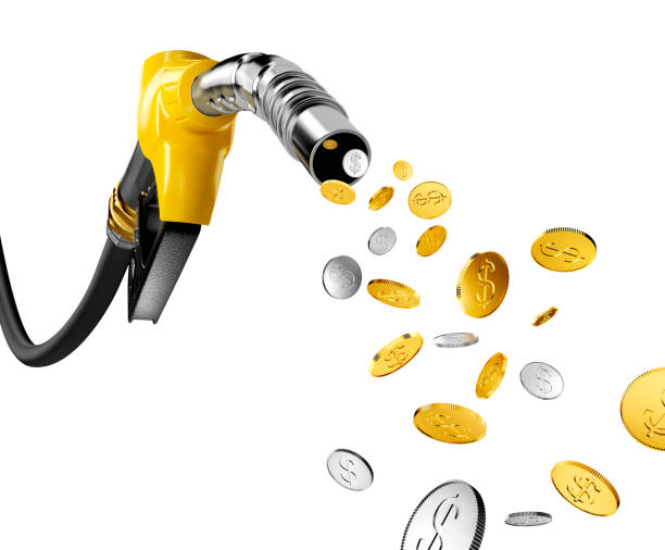 монеты с долларовым знаком выкачивают из бензинового насоса - gold pumps стоковые фото и изображения