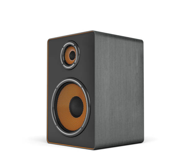 3d rendering of a large black stereo box with two round speakers on white background 3d rendering of a large black stereo box with two round speakers on white background. Sound equipment. Home cinema. Audio appliances. surround sound stock pictures, royalty-free photos & images