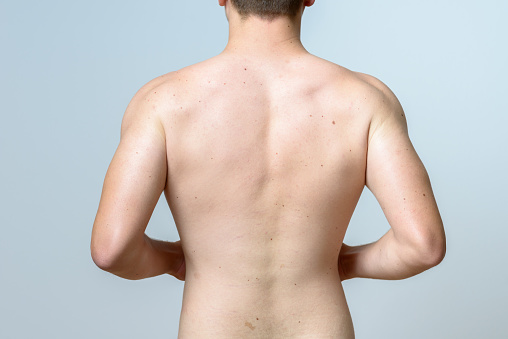 Bare upper torso of a fit muscular young man standing with hands on hips and back to the camera