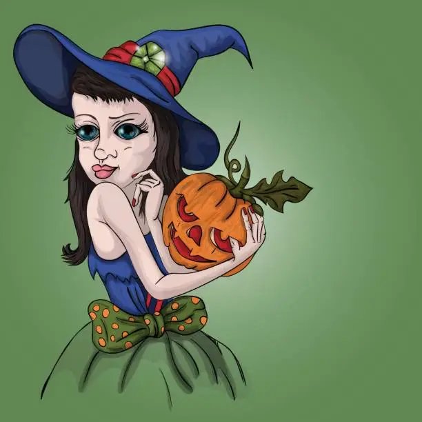 Vector illustration of teen girl holding a pumpkin in her hand