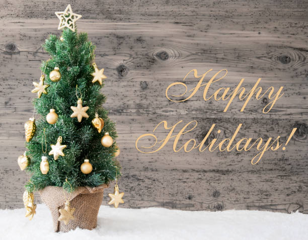 istock Golden Decorated Christmas Tree, Text Happy Holidays 845788096