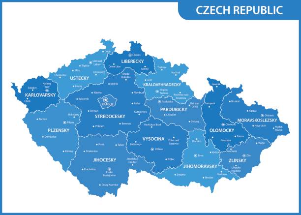 illustrations, cliparts, dessins animés et icônes de la carte détaillée des régions ou des états et des villes, des capitales en république tchèque - république tchèque
