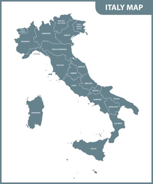 illustrazioni stock, clip art, cartoni animati e icone di tendenza di la mappa dettagliata dell'italia con le regioni - marche