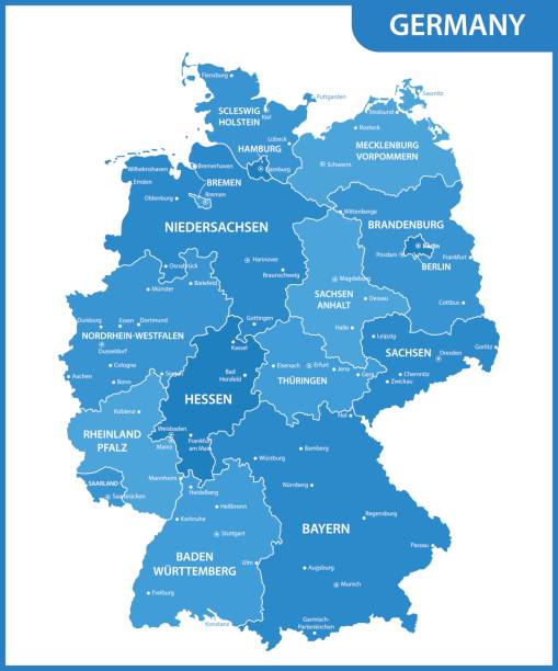 illustrazioni stock, clip art, cartoni animati e icone di tendenza di la mappa dettagliata della germania con regioni o stati e città, capitali - germania