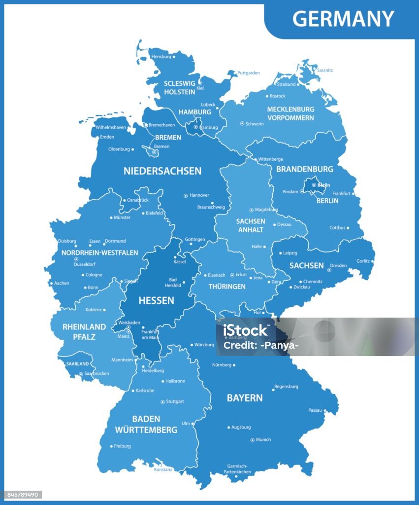 The detailed map of the Germany with regions or states and cities, capitals Map stock vector