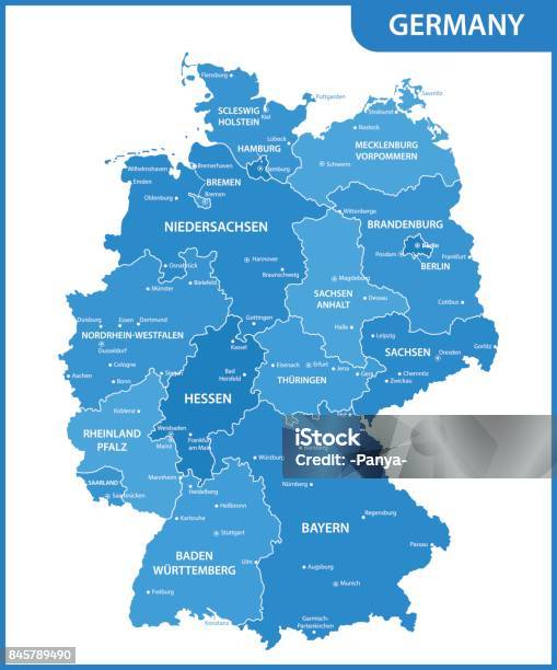 The Detailed Map Of The Germany With Regions Or States And Cities Capitals Stock Illustration - Download Image Now