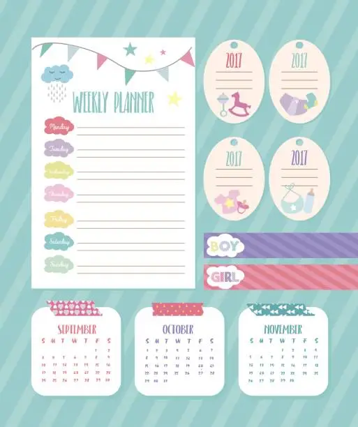 Vector illustration of Set of planner elements with baby theme