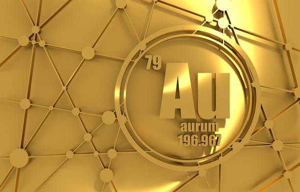 Gold chemical element. Gold chemical element. Sign with atomic number and atomic weight. Chemical element of periodic table. Molecule And Communication Background. Connected lines with dots. 3D rendering. chromium element periodic table stock pictures, royalty-free photos & images