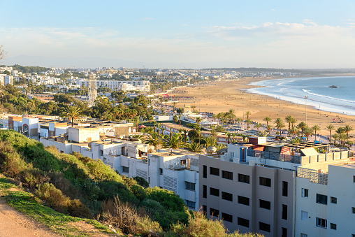 View of long, wide beach in Agadir city, Morocco