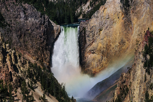 A rainbow in front of the Lower Falls of the Yellowstone river and canyon