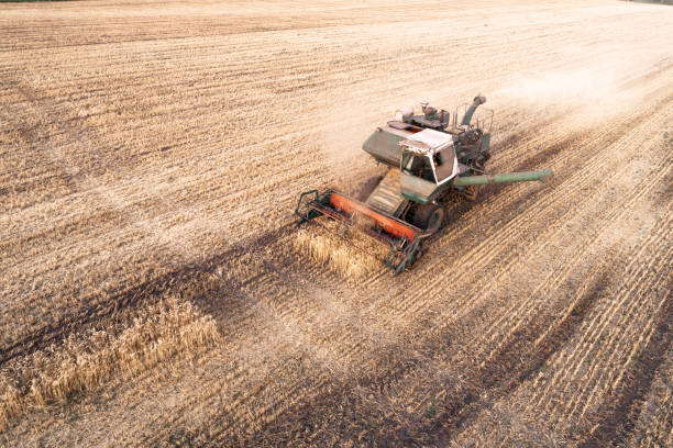 istock Harvester working in field and mows wheat. Ukraine. Aerial view. 845802970