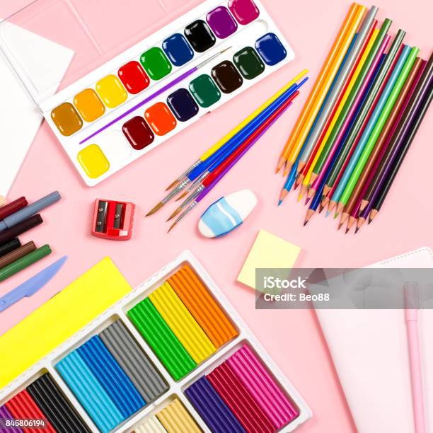 Back To School Supplies Flat Lay Copy Space Stock Photo - Download Image Now - Adhesive Note, Art, Back to School