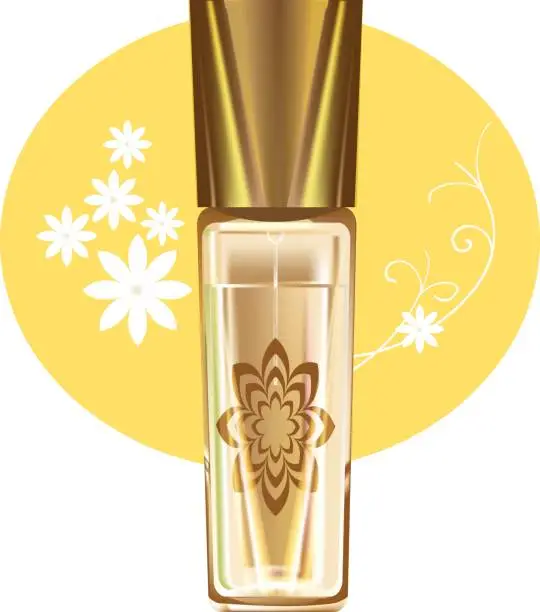 Vector illustration of Realistic cosmetic products. Beautiful glass bottle with feminine fragrant perfume