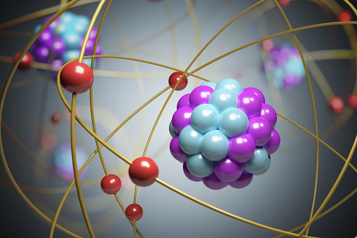 3D prestados ilustración de partículas elementales en el átomo. Concepto de física. photo
