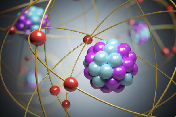 3D rendered illustration of elementary particles in atom. Physics concept. 3D rendered illustration of elementary particles in atom. Physics concept. nucleus stock pictures, royalty-free photos & images