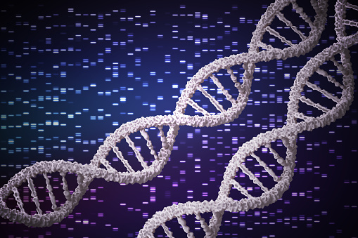 Genetic analysis concept. DNA molecule and genome sequence in background. 3D rendered illustration.