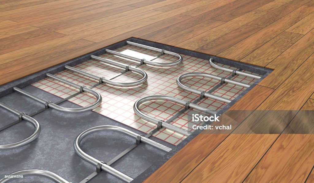 Radiant chauffage sous plancher en bois. 3D illustration a rendu. - Photo de Sol - Caractéristiques d'une construction libre de droits