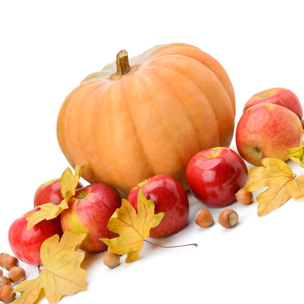 istock Pumpkin, apples and hazel isolated on white background 845817272