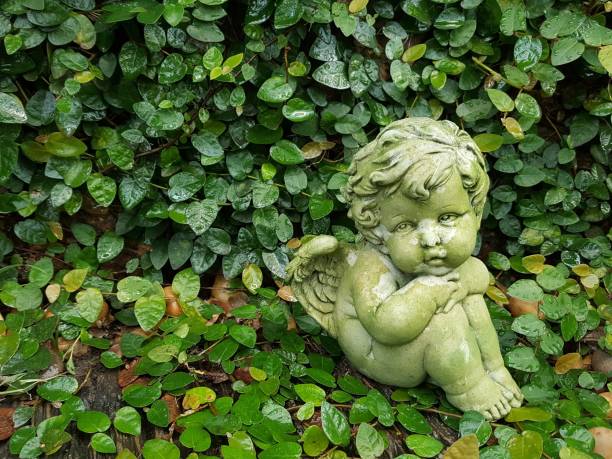 angel or cupid  statuary made by cement in the garden - angel praying statue human knee imagens e fotografias de stock