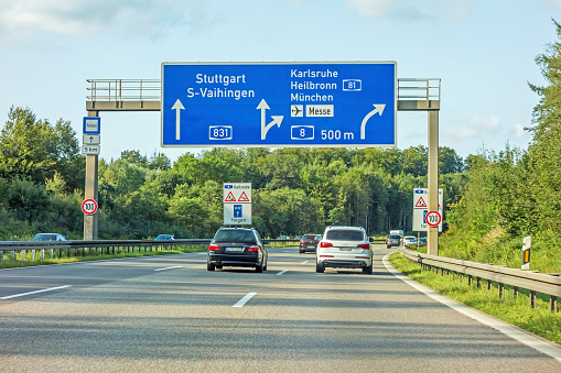 motorway road sign on (Autobahn 81 / A 81 / E 531) freeway interchange Stuttgart / Karlsruhe - Heilbronn / Munich (Munchen) - Airport / Messe