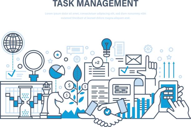 Time management, planning, analysis, research, marketing strategy and business strategy Task management concept. Time management, planning, analysis and research, marketing strategy, business strategy. Project manager, result of activity. Illustration thin line design of vector doodles. project manager stock illustrations