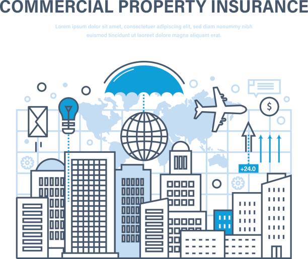 ilustraciones, imágenes clip art, dibujos animados e iconos de stock de seguro de propiedad comercial. acreditación, seguridad financiera, inversión y propiedad - propiedad inmobiliaria comercial