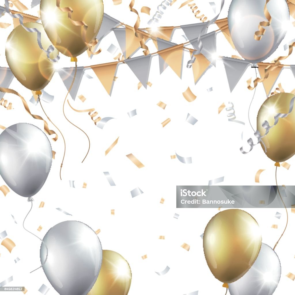 Gold and silver balloons, confetti, streamers and party flag on white background Vector EPS 10 format. Balloon stock vector