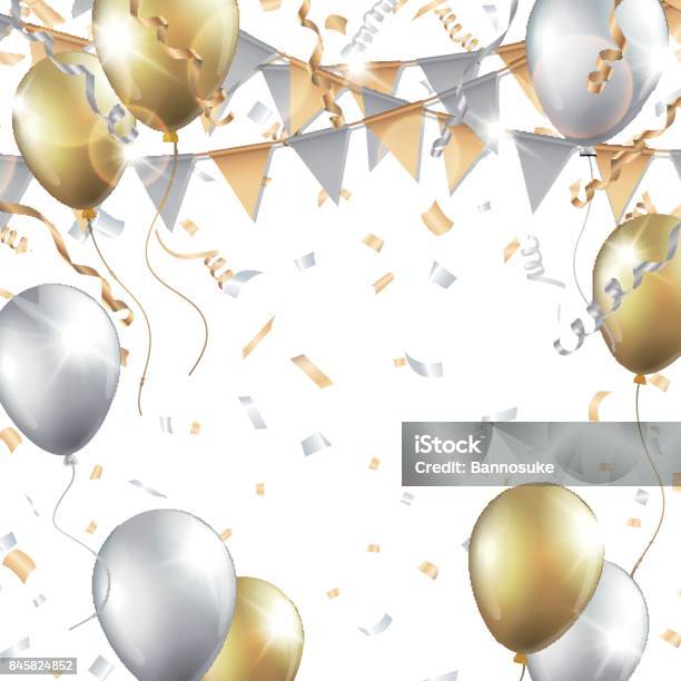 Gold And Silver Balloons Confetti Streamers And Party Flag On White Background Stock Illustration - Download Image Now