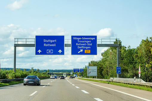 motoway road signs on (Autobahn 81 / A 81 / E 531) direction Stuttgart / Rottweil - exit to Villingen-Schwenningen / Trossingen / Rottweil-Sud / Deisslingen (B27)