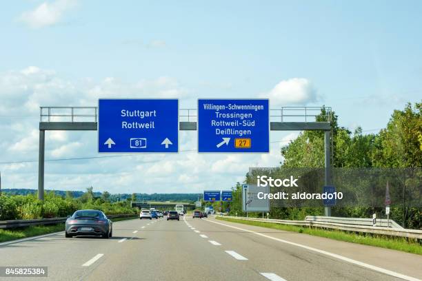 Freeway Road Signs On Autobahn A81 Showing Exit To Villingenschwenningen Stock Photo - Download Image Now