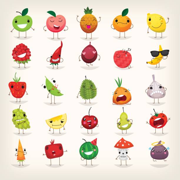 Fruit and vegetables emoji Set of colorful fruit characters with cool and happy faces. Fruit and food emoticons. happy green peas stock illustrations
