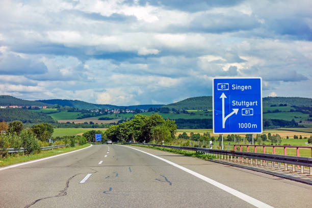 freeway road sign on Autobahn A81 showing exit to Stuttgart stock photo