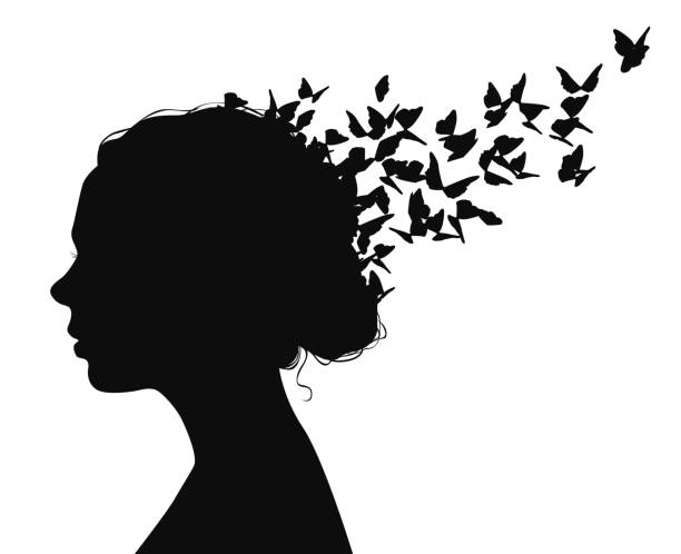 illustrations, cliparts, dessins animés et icônes de portrait de vector noir d’une femme avec des papillons volant de ses cheveux - poetic
