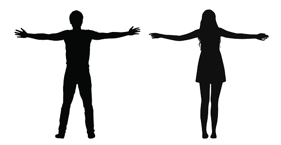 Black vector silhouettes of woman and man standing with spread arms isolated on white background.