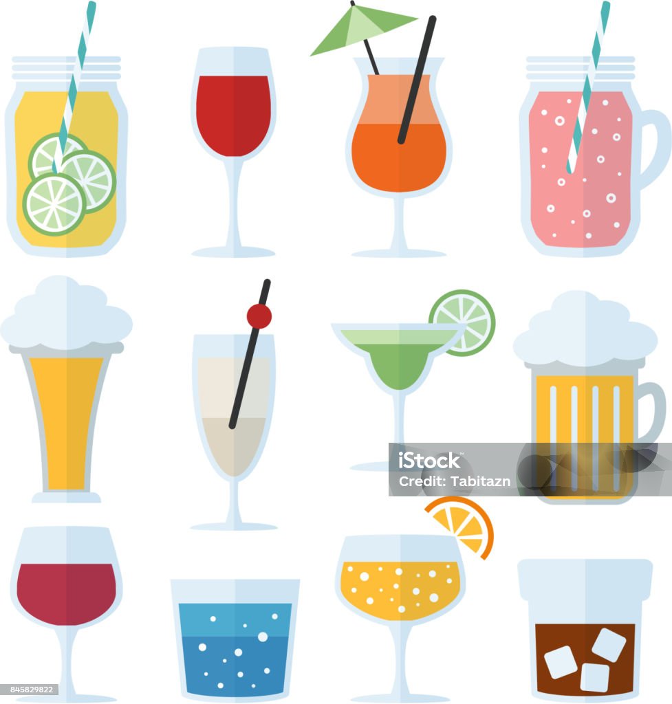 Set di bevande alcoliche, vino, birra e cocktail. Icone vettoriali isolate, design piatto - arte vettoriale royalty-free di Alchol